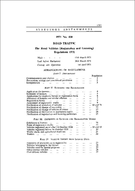 The Road Vehicles (Registration and Licensing) Regulations 1971