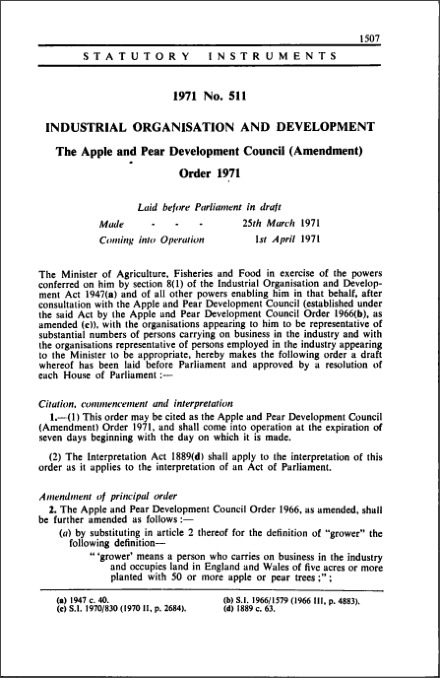 The Apple and Pear Development Council (Amendment) Order 1971