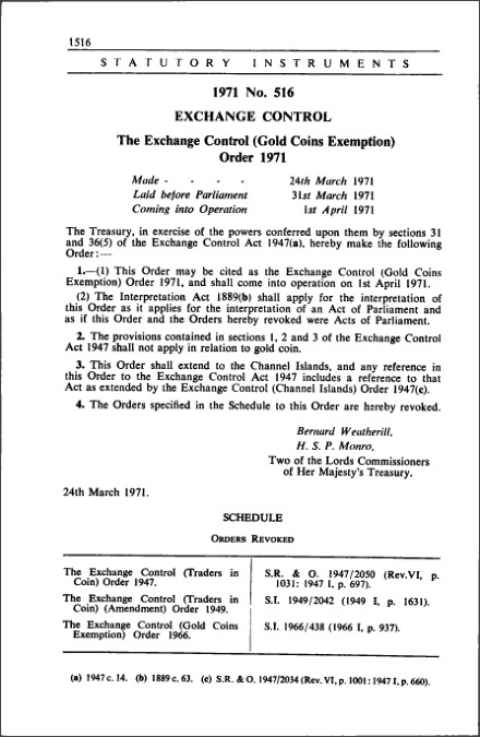 The Exchange Control (Gold Coins Exemption) Order 1971