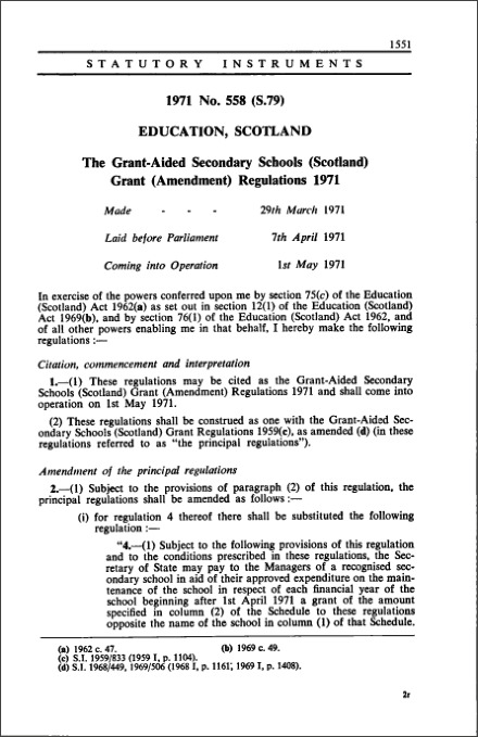 The Grant-Aided Secondary Schools (Scotland) Grant (Amendment) Regulations 1971