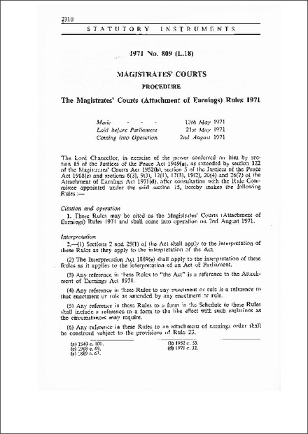 The Magistrates' Courts (Attachment of Earnings) Rules 1971