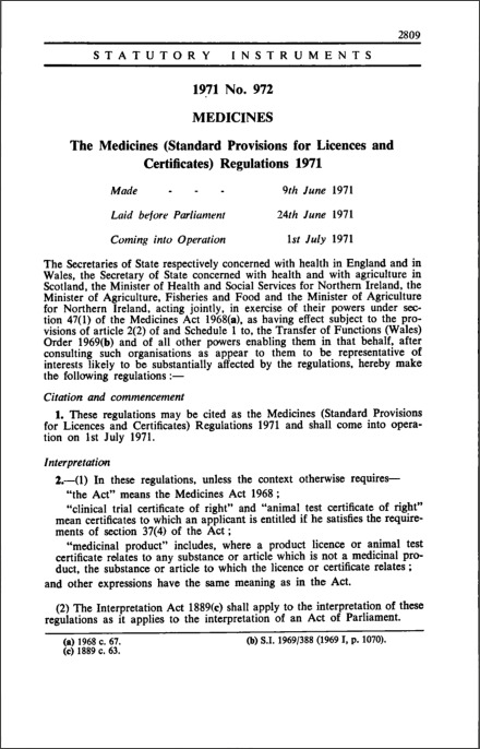 The Medicines (Standard Provisions for Licences and Certificates) Regulations 1971