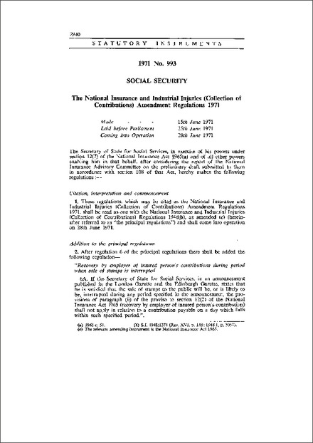 The National Insurance and Industrial Injuries (Collection of Contributions) Amendment Regulations 1971