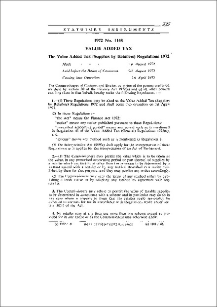 The Value Added Tax (Supplies by Retailers) Regulations 1972
