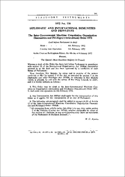 The Inter-Governmental Maritime Consultative Organization (Immunities and Privileges) (Amendment) Order 1972