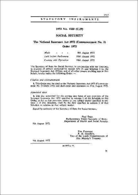 The National Insurance Act 1972 (Commencement No. 2) Order 1972
