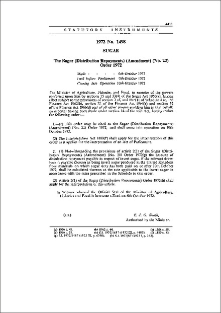 The Sugar (Distribution Repayments) (Amendment) (No. 22) Order 1972