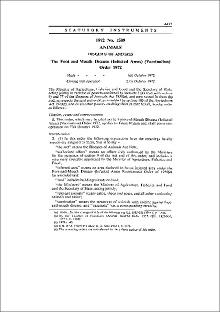 The Foot-and-Mouth Disease (Infected Areas) (Vaccination) Order 1972