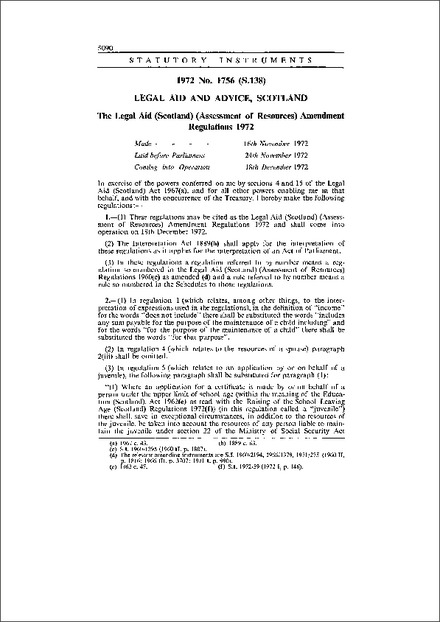 The Legal Aid (Scotland) (Assessment of Resources) Amendment Regulations 1972