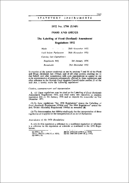 The Labelling of Food (Scotland) Amendment Regulations 1972