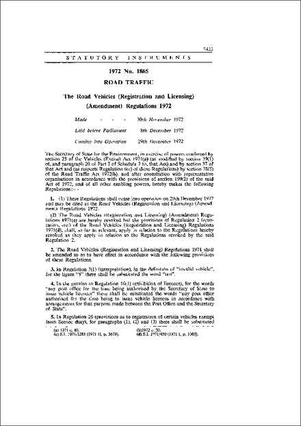 The Road Vehicles (Registration and Licensing) (Amendment) Regulations 1972