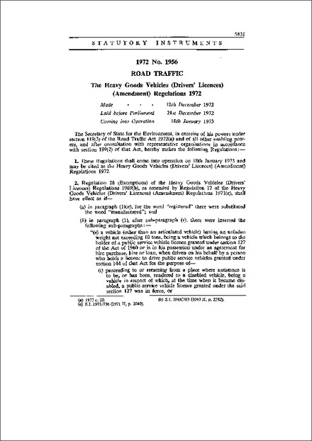 The Heavy Goods Vehicles (Drivers' Licences) (Amendment) Regulations 1972