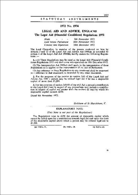 The Legal Aid (Financial Conditions) Regulations 1972