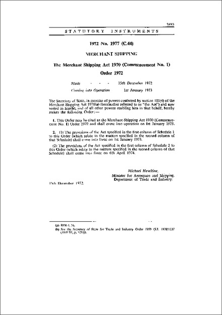The Merchant Shipping Act 1970 (Commencement No. 1) Order 1972