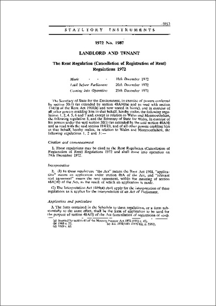 The Rent Regulation (Cancellation of Registration of Rent) Regulations 1972