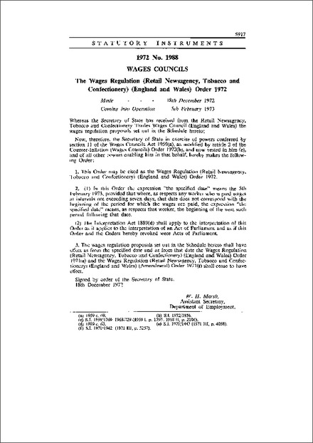 The Wages Regulation (Retail Newsagency, Tobacco and Confectionery) (England and Wales) Order 1972