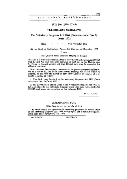 The Veterinary Surgeons Act 1966 (Commencement No. 2) Order 1972