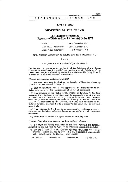 The Transfer of Functions (Secretary of State and Lord Advocate) Order 1972