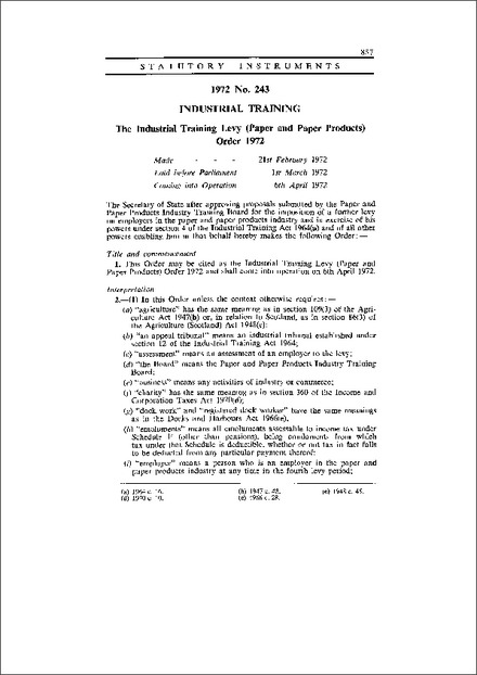 The Industrial Training Levy (Paper and Paper Products) Order 1972