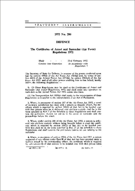 The Certificates of Arrest and Surrender (Air Force) Regulations 1972