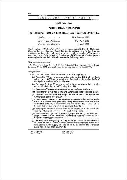 The Industrial Training Levy (Hotel and Catering) Order 1972