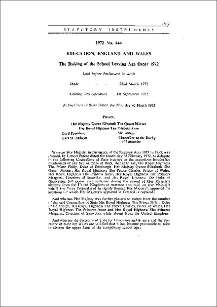 The Raising of the School Leaving Age Order 1972