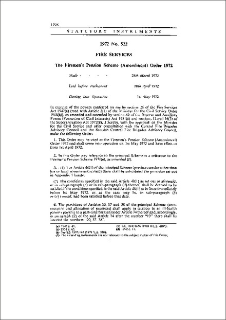 The Firemen's Pension Scheme (Amendment) Order 1972
