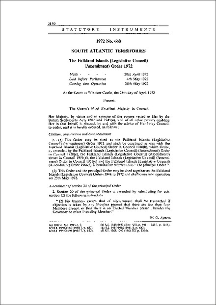 The Falkland Islands (Legislative Council) (Amendment) Order 1972