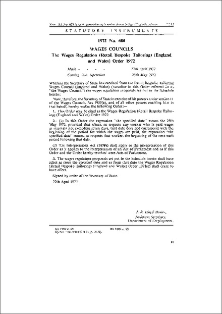 The Wages Regulation (Retail Bespoke Tailoring) (England and Wales) Order 1972