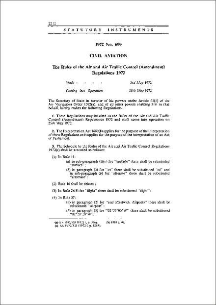 The Rules of the Air and Air Traffic Control (Amendment) Regulations 1972