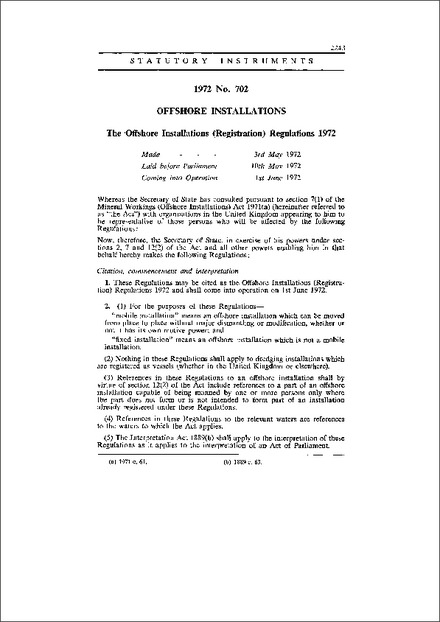 The Offshore Installations (Registration) Regulations 1972