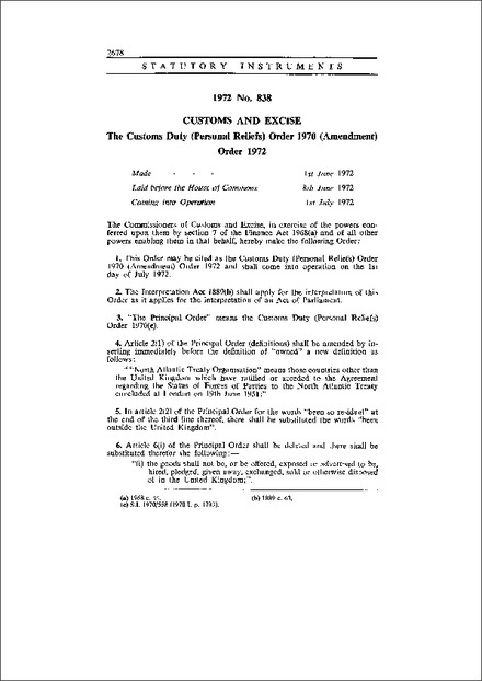 The Customs Duty (Personal Reliefs) Order 1970 (Amendment) Order 1972