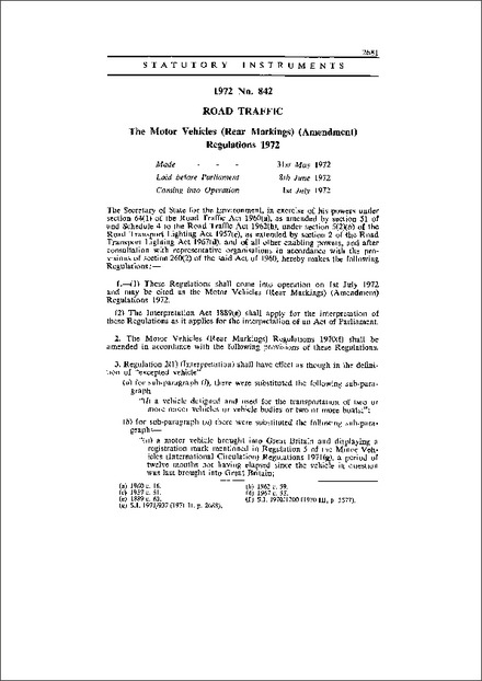 The Motor Vehicles (Rear Markings) (Amendment) Regulations 1972