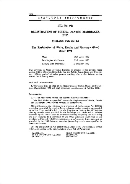 The Registration of Births, Deaths and Marriages (Fees) Order 1972
