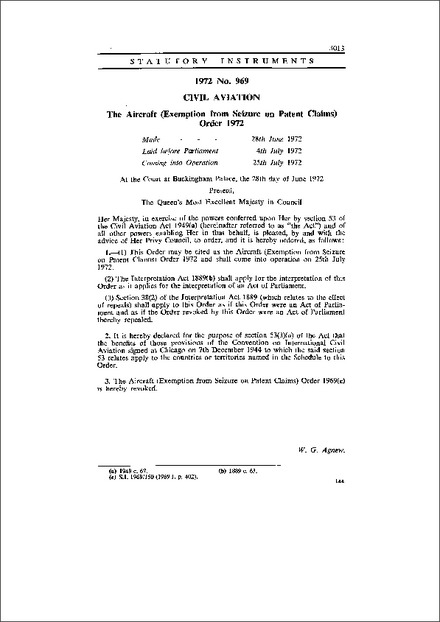 The Aircraft (Exemption from Seizure on Patent Claims) Order 1972