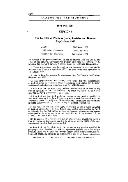 The Increase of Pensions (India, Pakistan and Burma) Regulations 1972