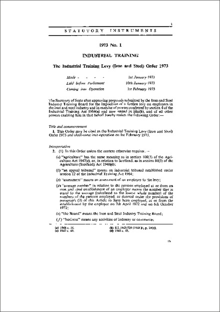 The Industrial Training Levy (Iron and Steel) Order 1973