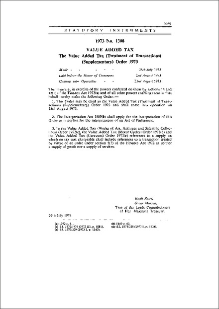 The Value Added Tax (Treatment of Transactions) (Supplementary) Order 1973