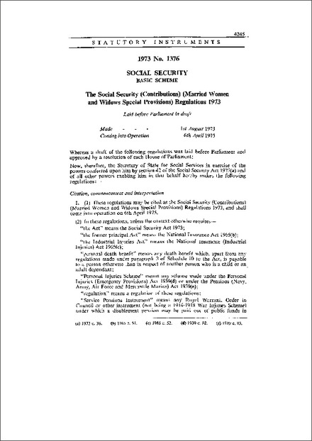 The Social Security (Contributions) (Married Women and Widows Special Provisions) Regulations 1973