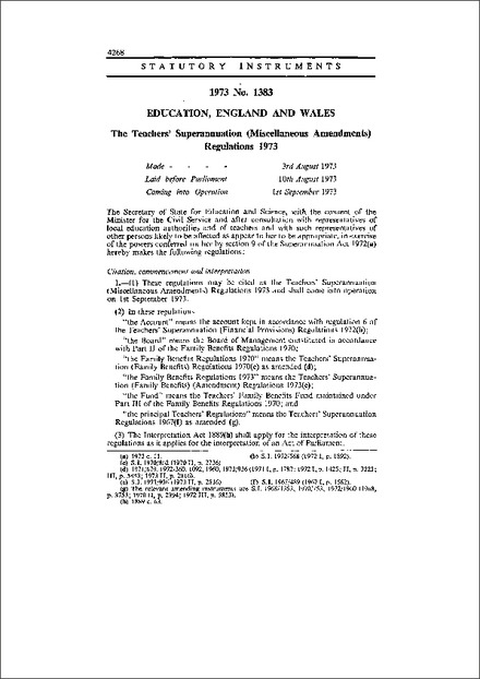 The Teachers' Superannuation (Miscellaneous Amendments) Regulations 1973