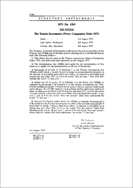 The Trustee Investments (Water Companies) Order 1973