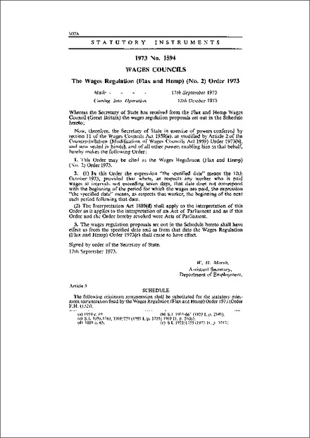 The Wages Regulation (Flax and Hemp) (No. 2) Order 1973