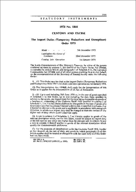 The Import Duties (Temporary Reductions and Exemptions) Order 1973