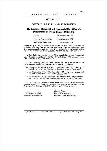 The Electricity (Industrial and Commercial Use) (Control) (Amendment) (Northern Ireland) Order 1973