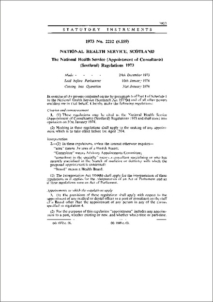 The National Health Service (Appointment of Consultants) (Scotland) Regulations 1973