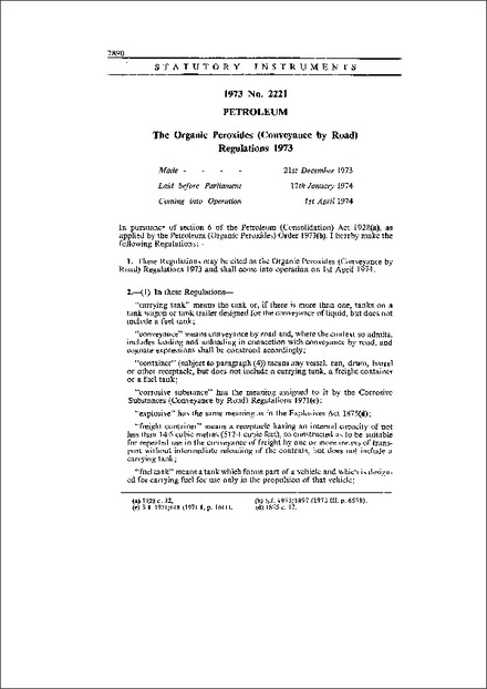 The Organic Peroxides (Conveyance by Road) Regulations 1973