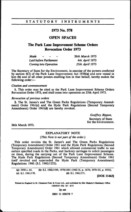 The Park Lane Improvement Scheme Orders Revocation Order 1973