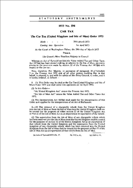 The Car Tax (United Kingdom and Isle of Man) Order 1973
