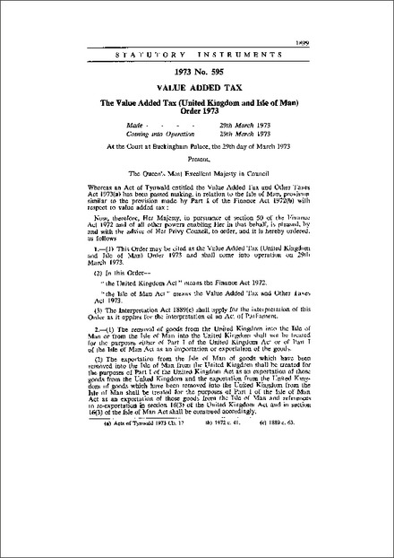 The Value Added Tax (United Kingdom and Isle of Man) Order 1973