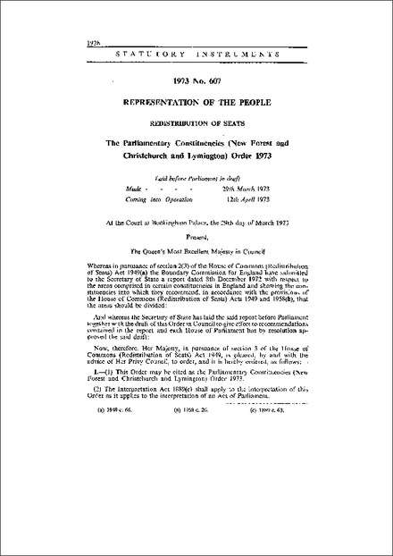 The Parliamentary Constituencies (New Forest and Christchurch and Lymington) Order 1973